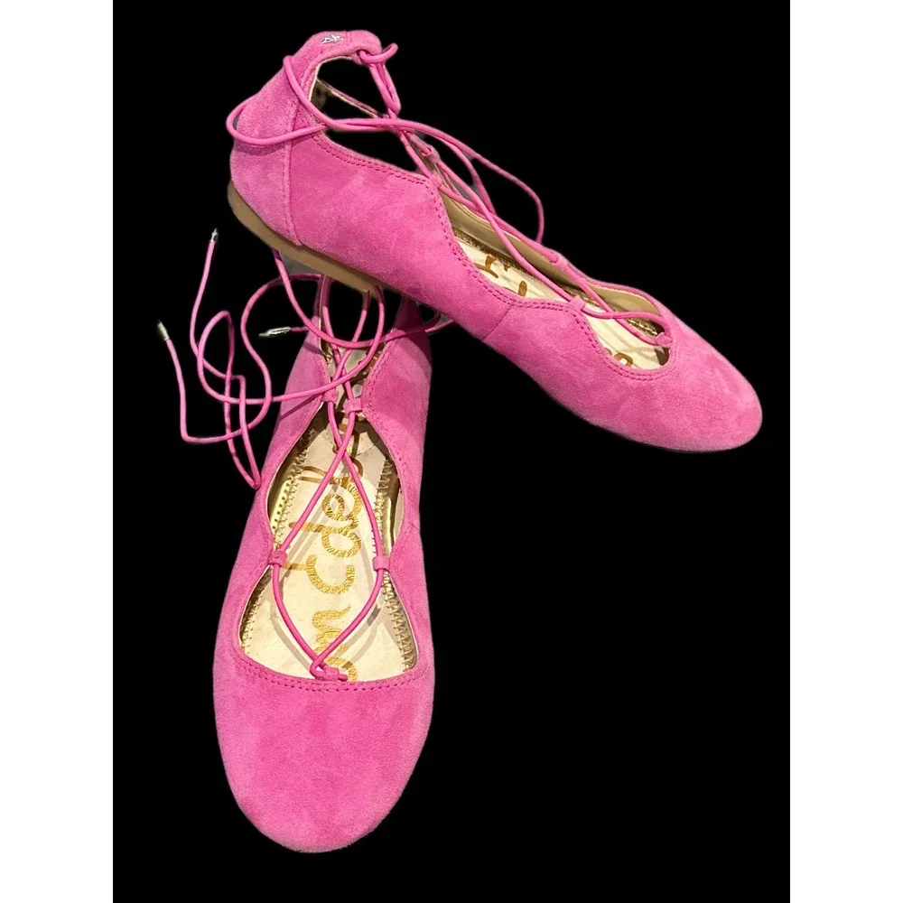 Sam Edelman Flynt Hot Pink Suede Lace Up Ballet Flats Womens 6M Fuchsia Ghillie